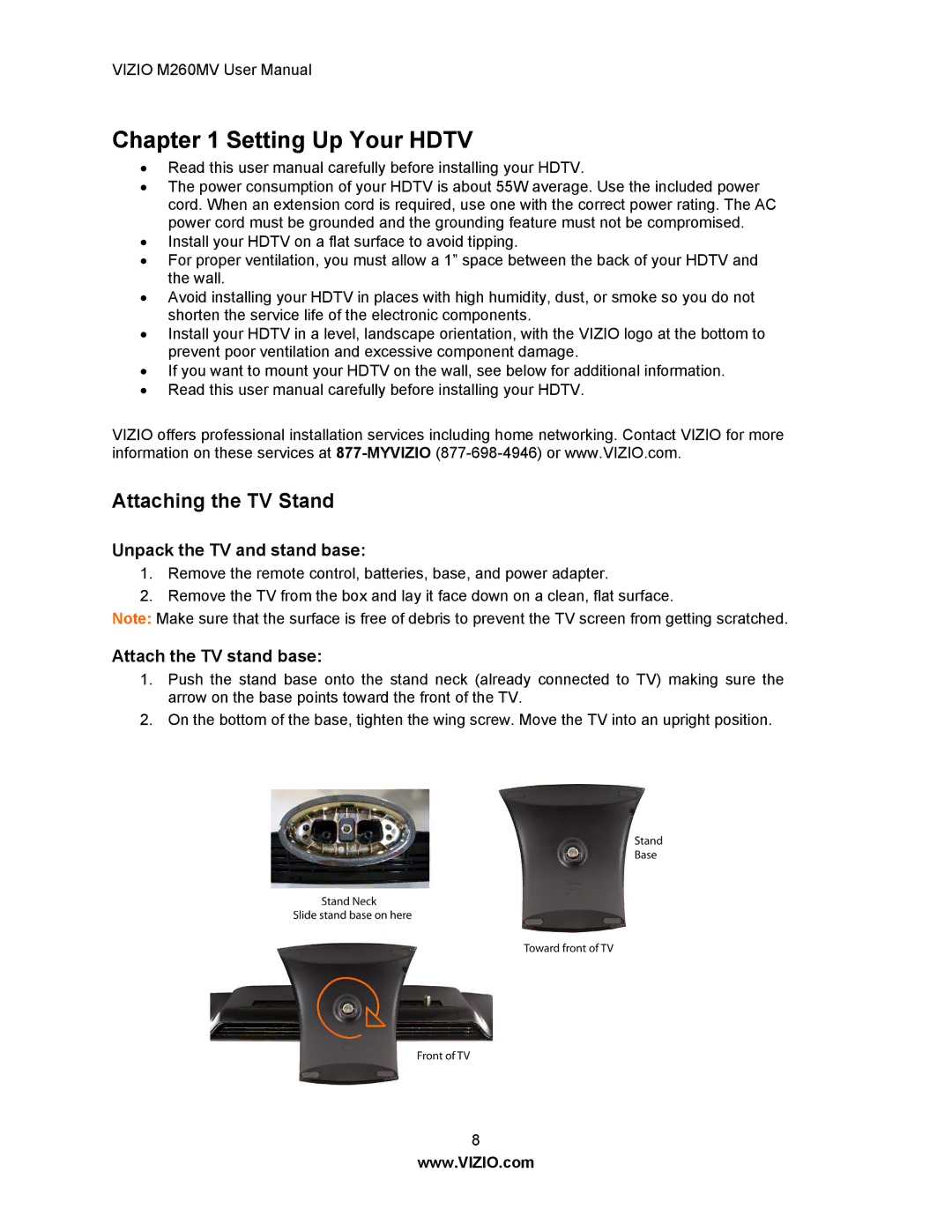 Vizio M260MV Setting Up Your Hdtv, Attaching the TV Stand, Unpack the TV and stand base, Attach the TV stand base 