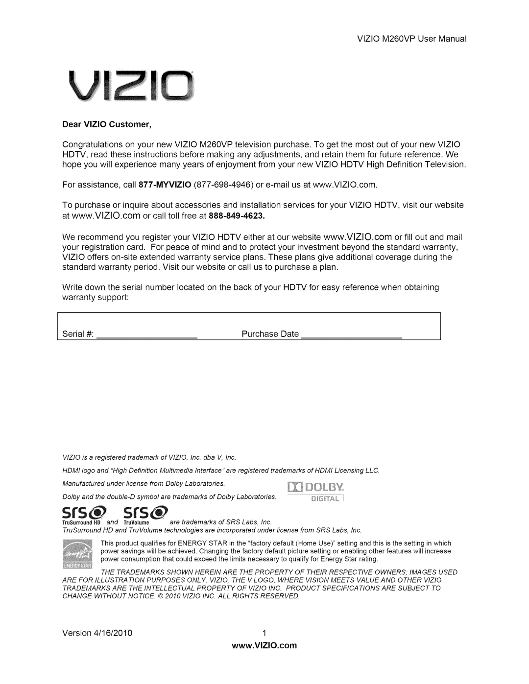 Vizio M260VP user manual Version 4/16/2010 