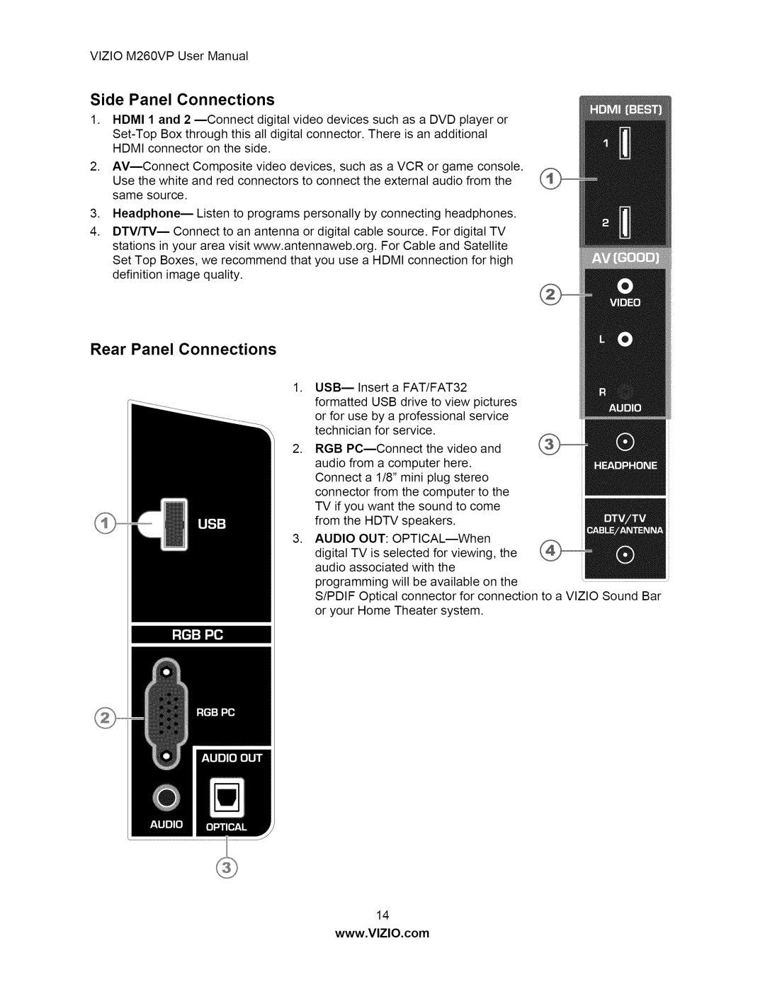 Vizio M260VP user manual Side Panel Connections, Rear Panel Connections 