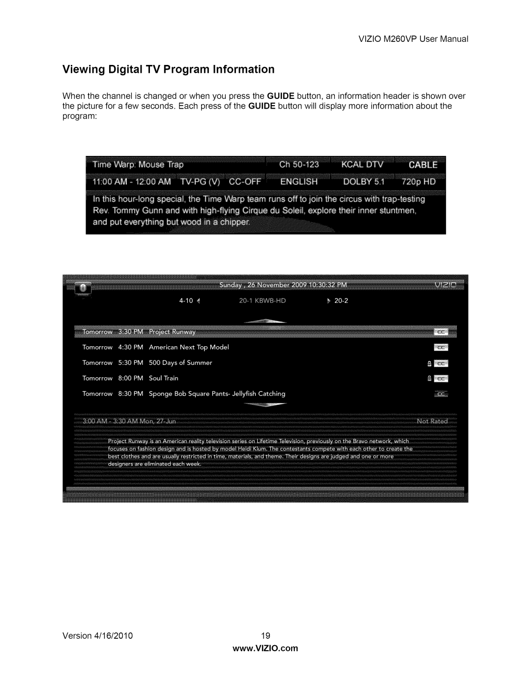 Vizio M260VP user manual Viewing Digital TV Program Information 