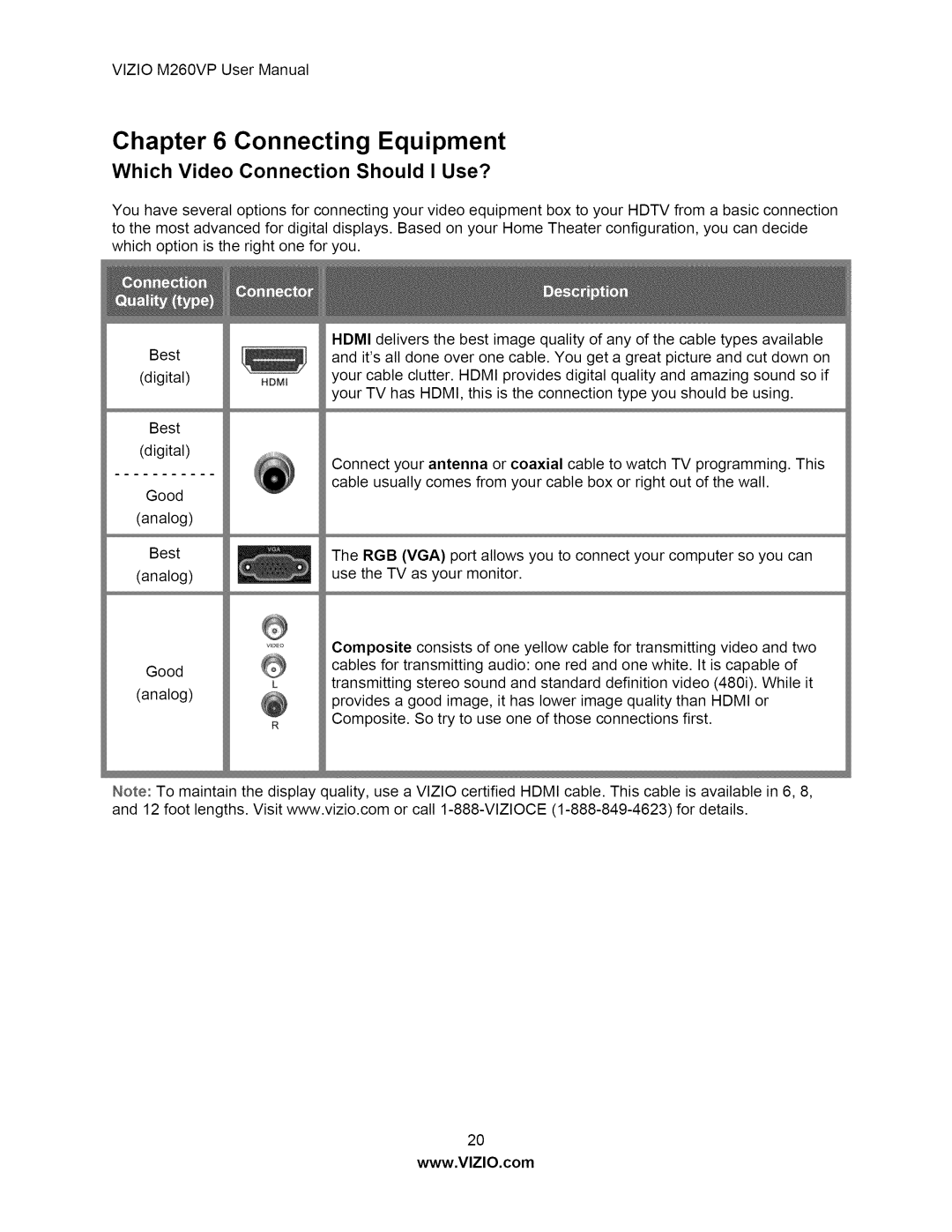 Vizio M260VP user manual Connecting Equipment, Which Video Connection Should I Use? 