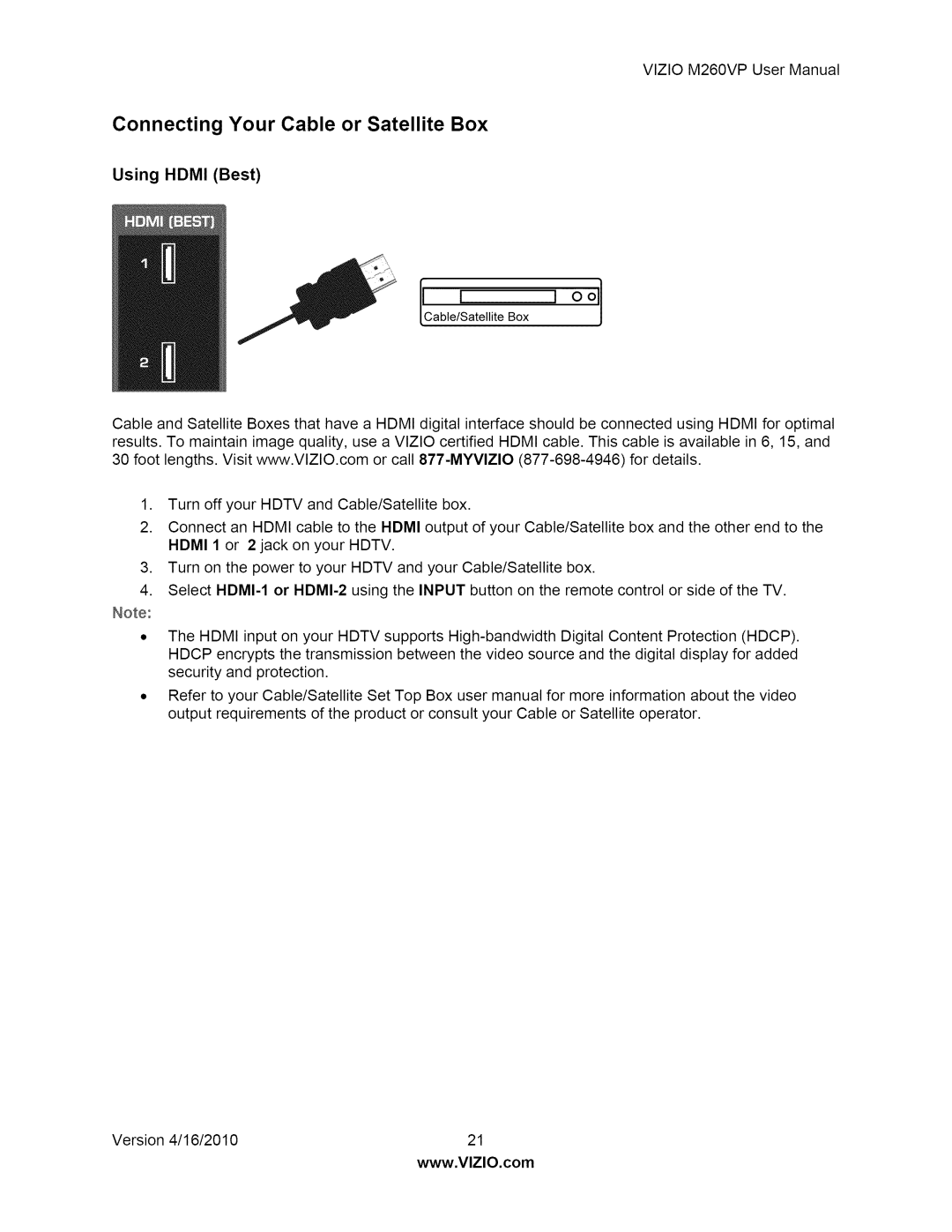 Vizio M260VP user manual Connecting Your Cable or Satellite Box, Using Hdmi Best 