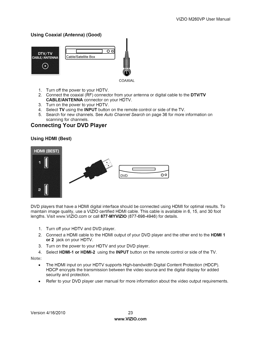 Vizio M260VP user manual Connecting Your DVD Player, Using Coaxial Antenna Good 