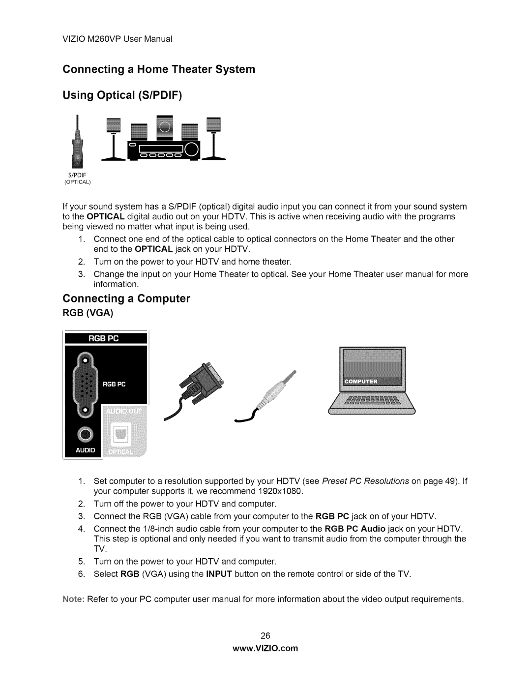 Vizio M260VP user manual Connecting a Home Theater System, Connecting a Computer, Rgb Vga 