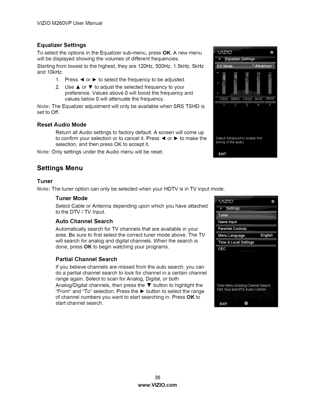 Vizio M260VP user manual Settings Menu, Equalizer Settings, Reset Audio Mode, Auto Channel Search, Partial Channel Search 