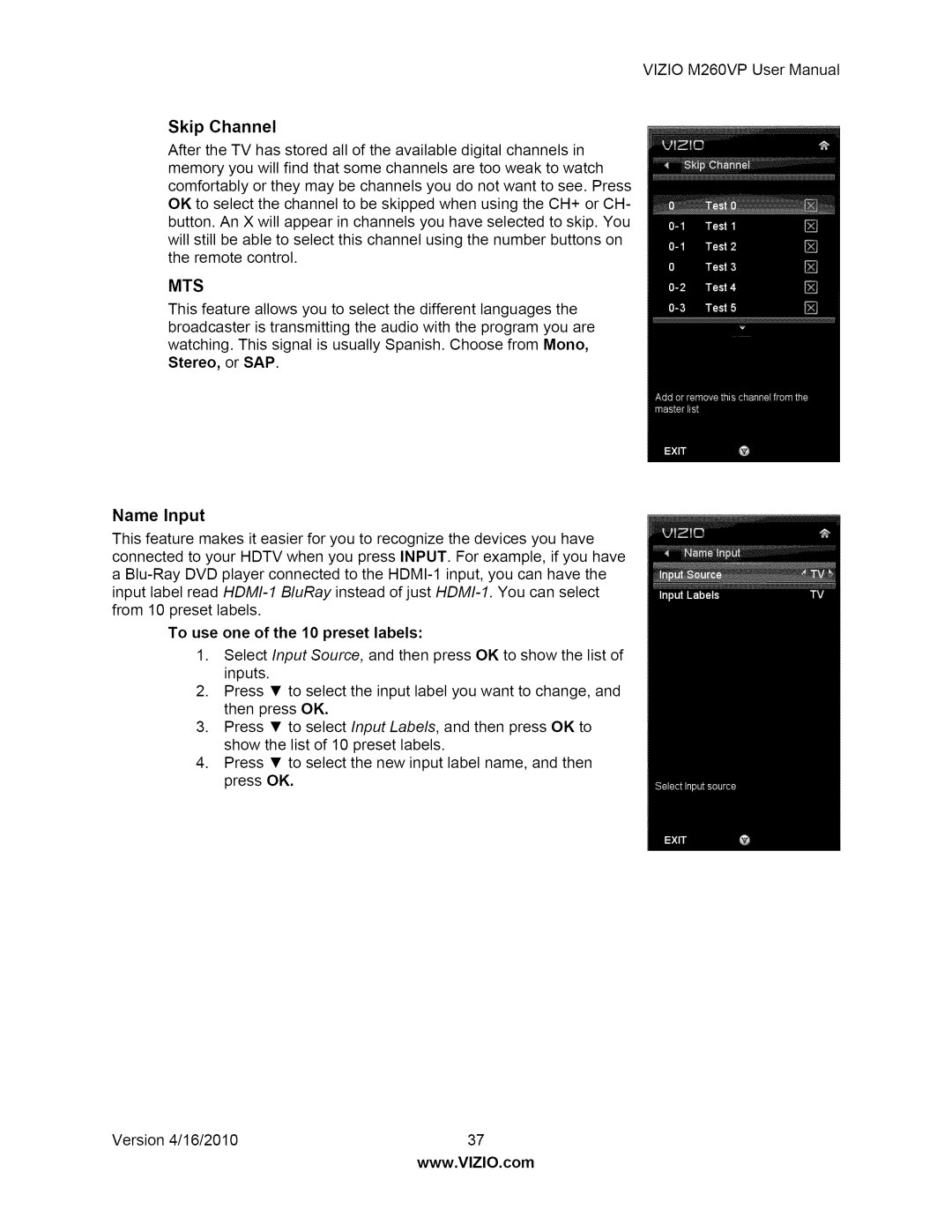 Vizio M260VP user manual Mts, To use one of the 10 preset labels 