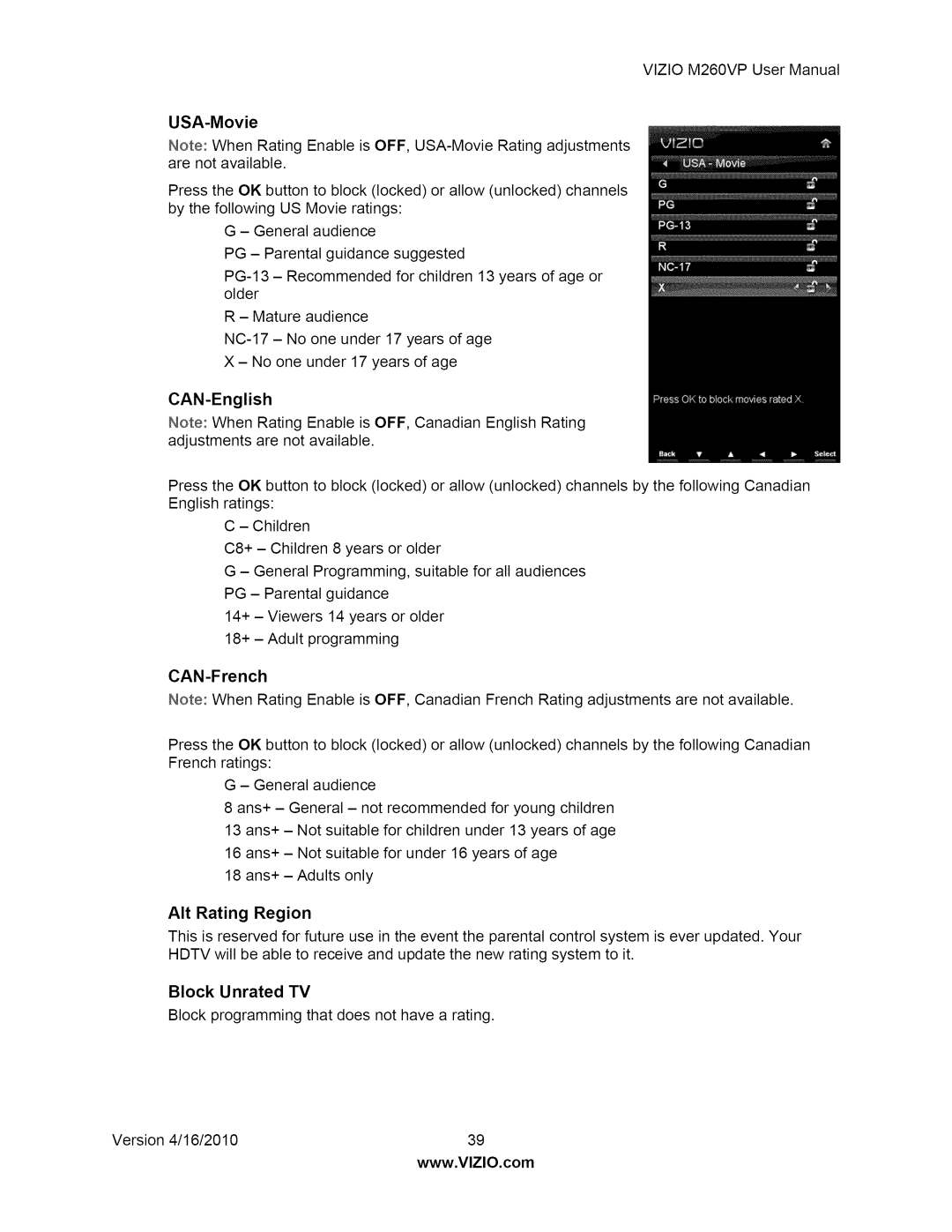 Vizio M260VP user manual USA-Movie, AIt Rating Region 