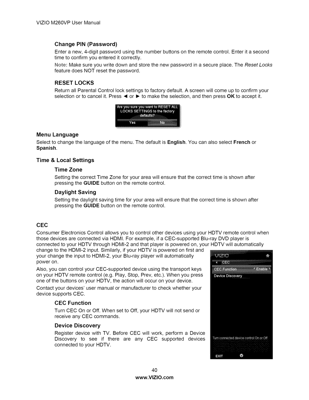 Vizio M260VP user manual Menu Language, Time & Local Settings, Daylight Saving, CEC Function, Device Discovery 