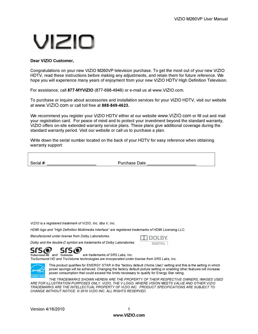 Vizio M260VP user manual Dear Vizio Customer 