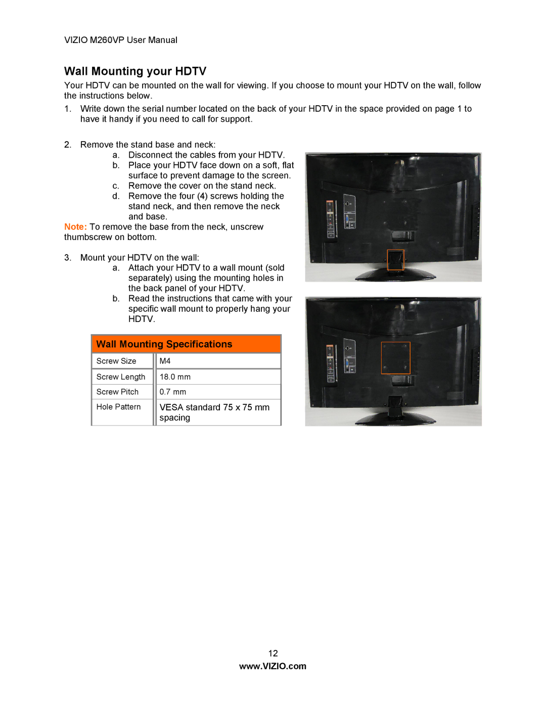 Vizio M260VP user manual Wall Mounting your Hdtv, Wall Mounting Specifications 