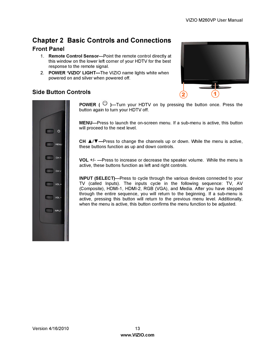 Vizio M260VP user manual Front Panel, Side Button Controls 