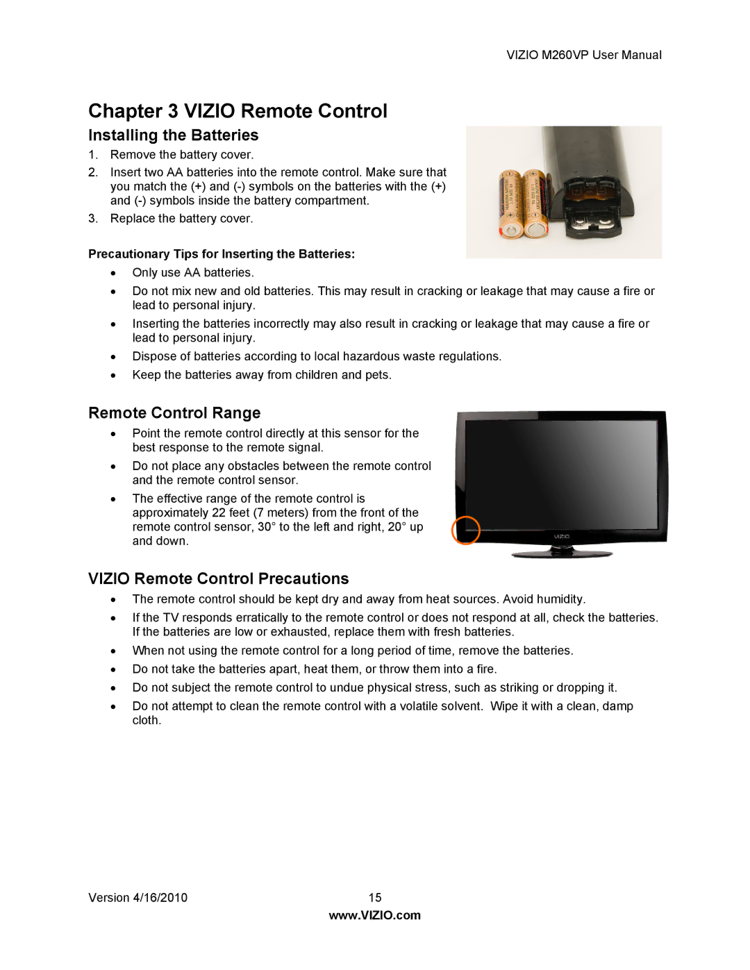 Vizio M260VP user manual Installing the Batteries, Remote Control Range, Vizio Remote Control Precautions 