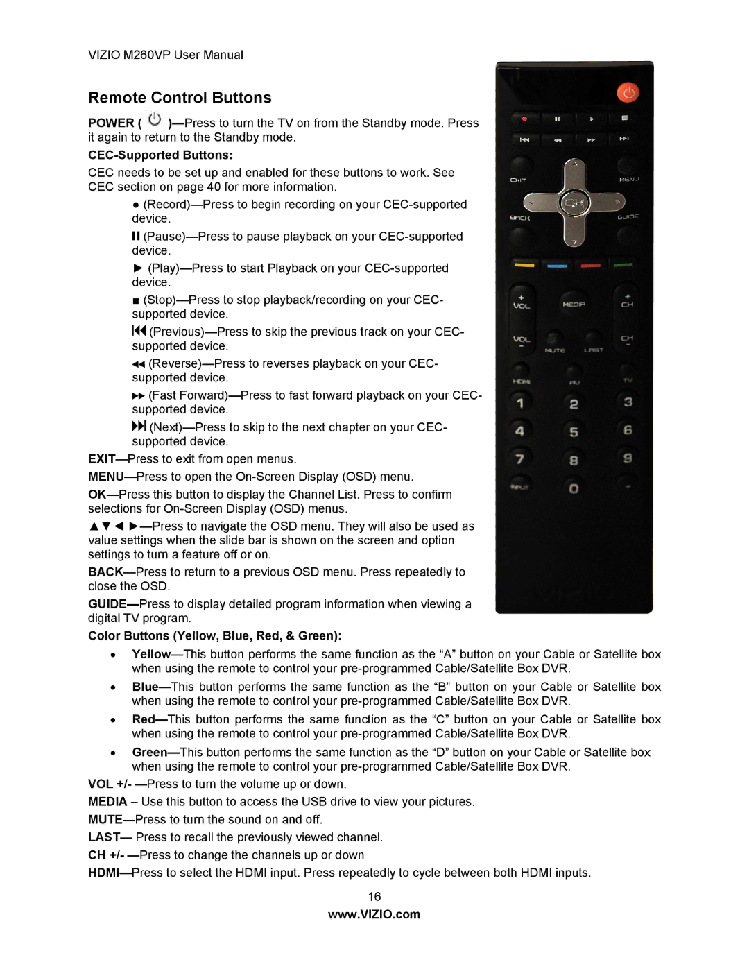 Vizio M260VP user manual Remote Control Buttons, CEC-Supported Buttons, Color Buttons Yellow, Blue, Red, & Green 