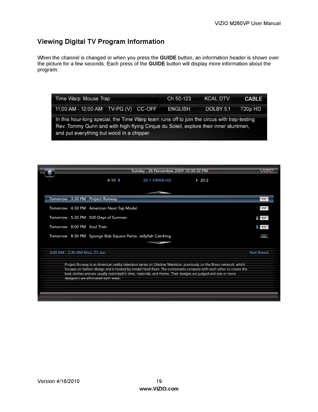 Vizio M260VP user manual Viewing Digital TV Program Information 