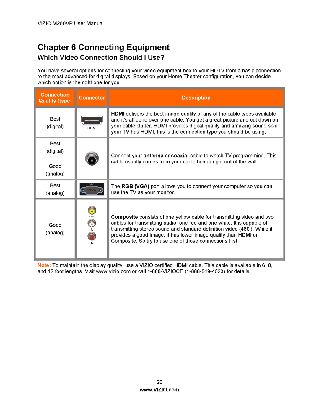 Vizio M260VP user manual Connecting Equipment, Which Video Connection Should I Use? 