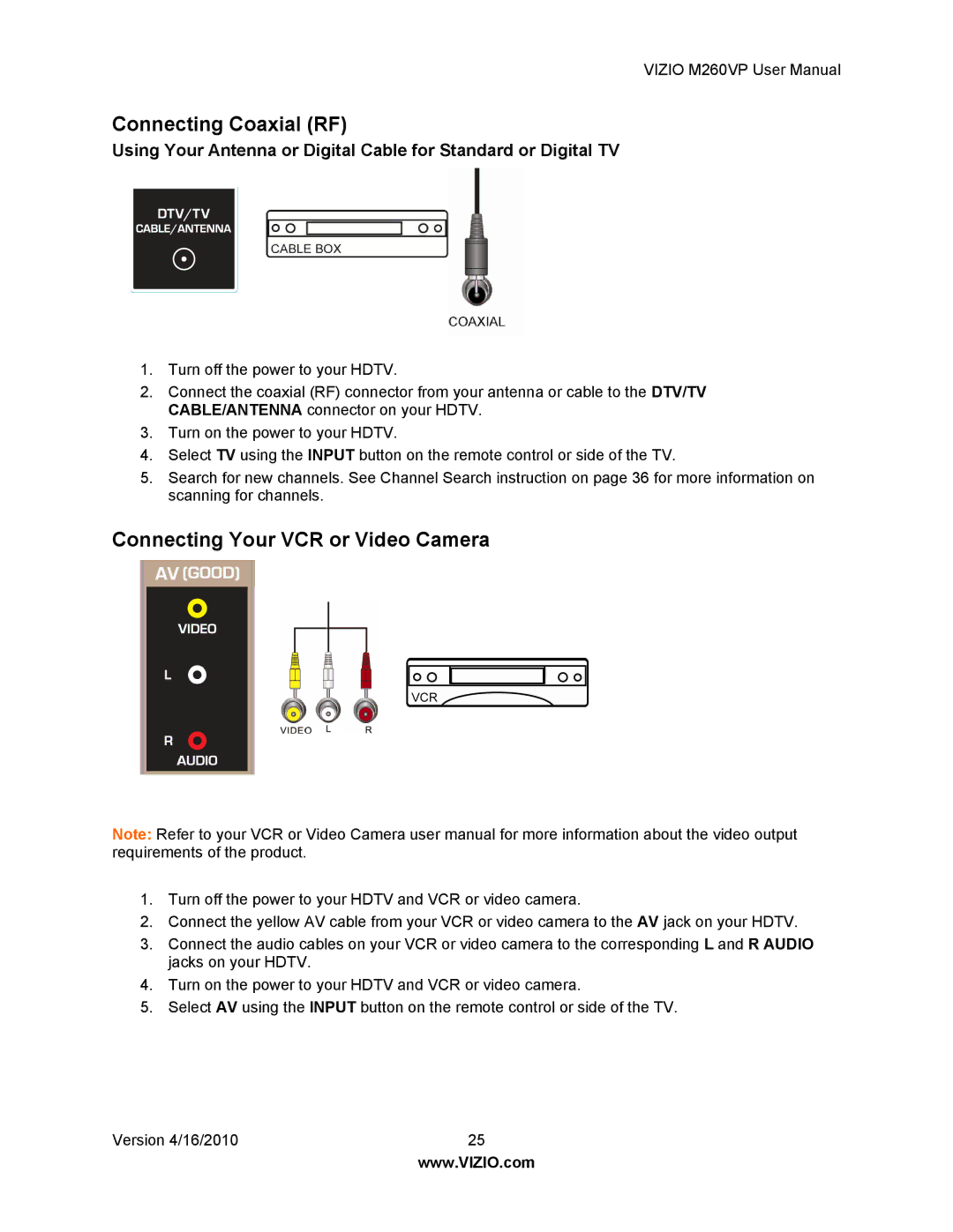 Vizio M260VP user manual Connecting Coaxial RF, Connecting Your VCR or Video Camera 