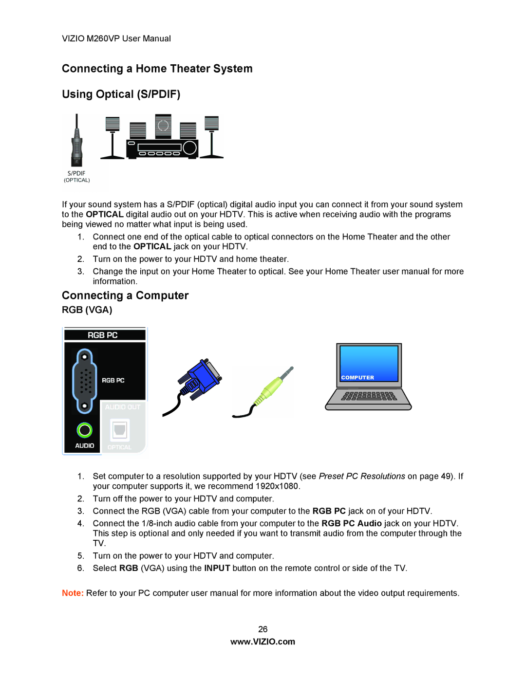 Vizio M260VP user manual Connecting a Home Theater System Using Optical S/PDIF, Connecting a Computer 