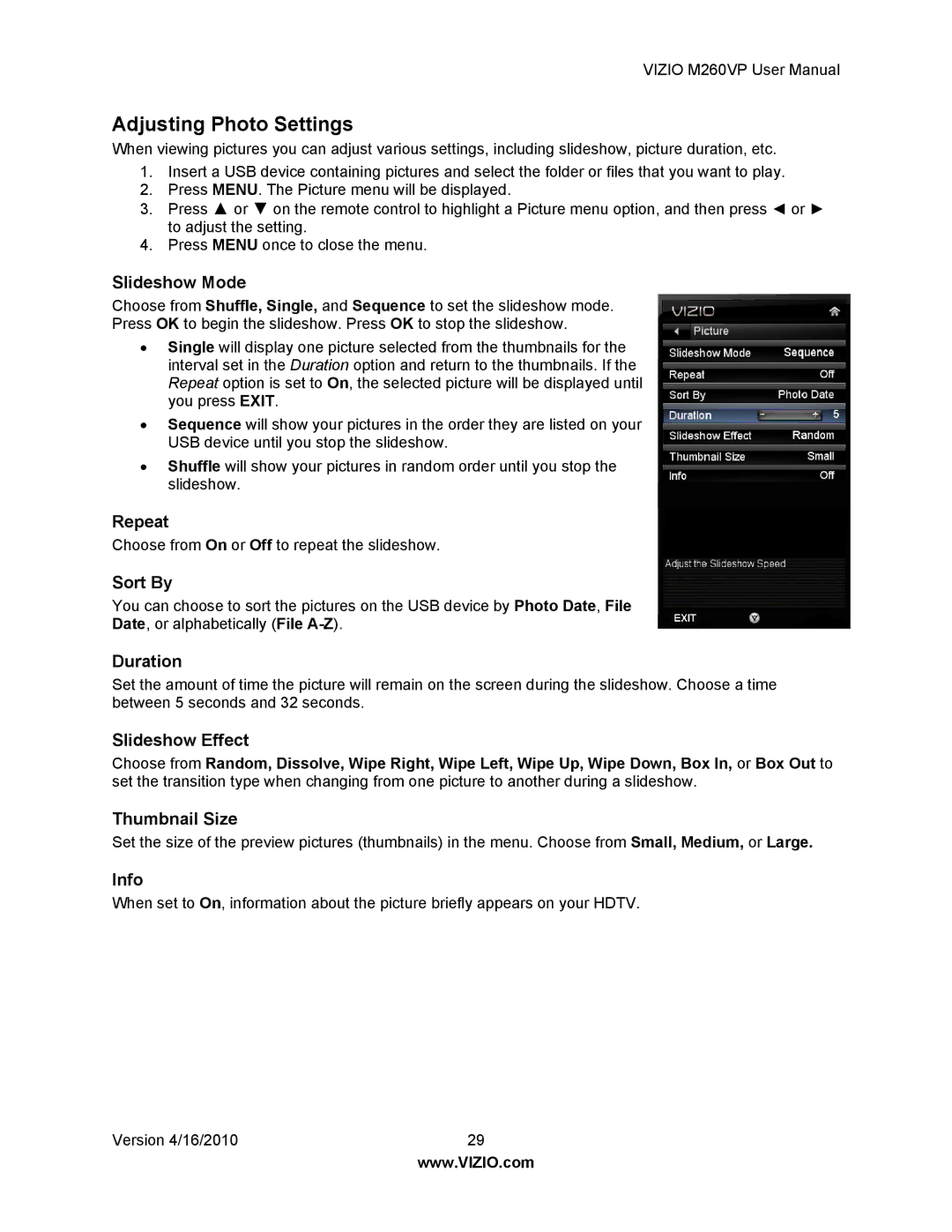 Vizio M260VP user manual Adjusting Photo Settings 