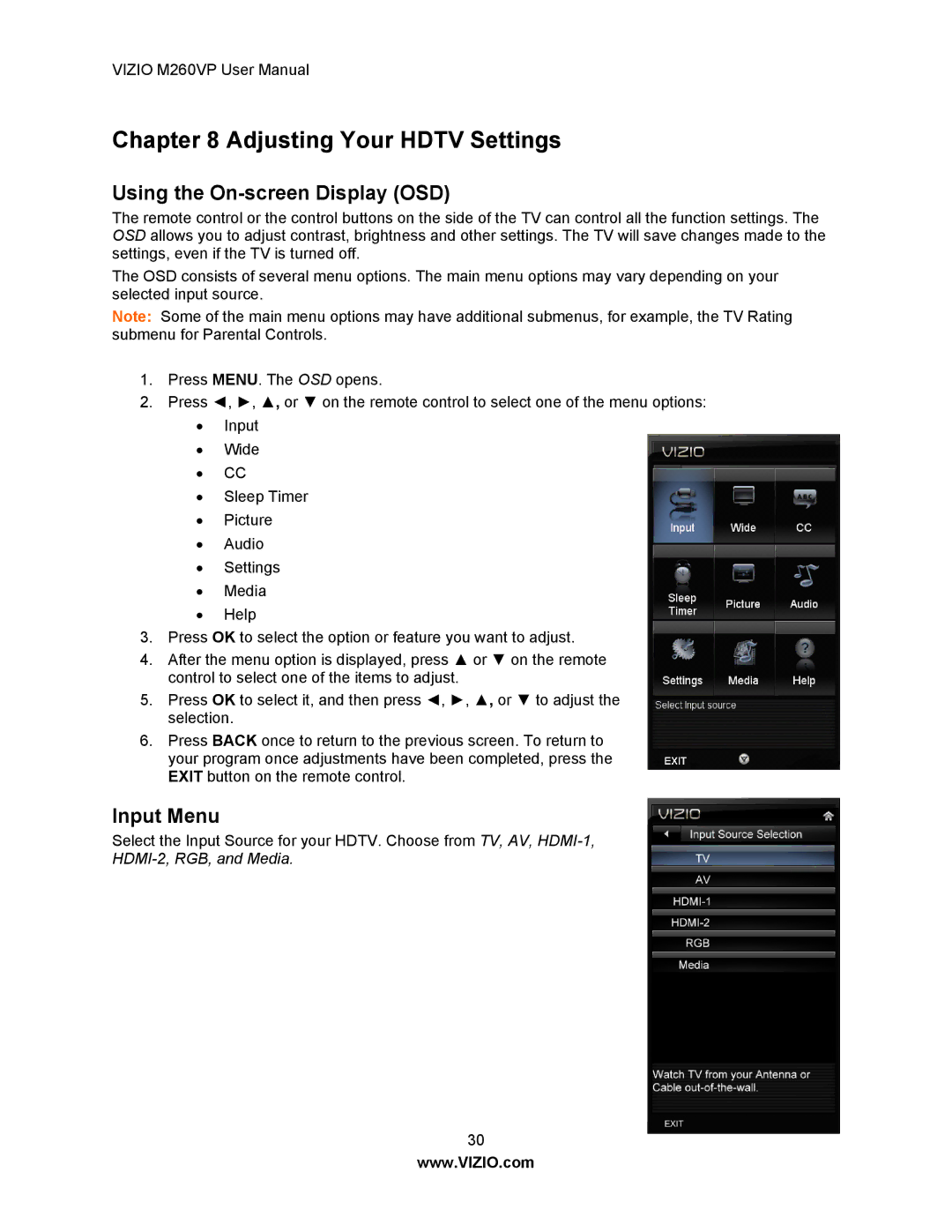 Vizio M260VP user manual Using the On-screen Display OSD, Input Menu 