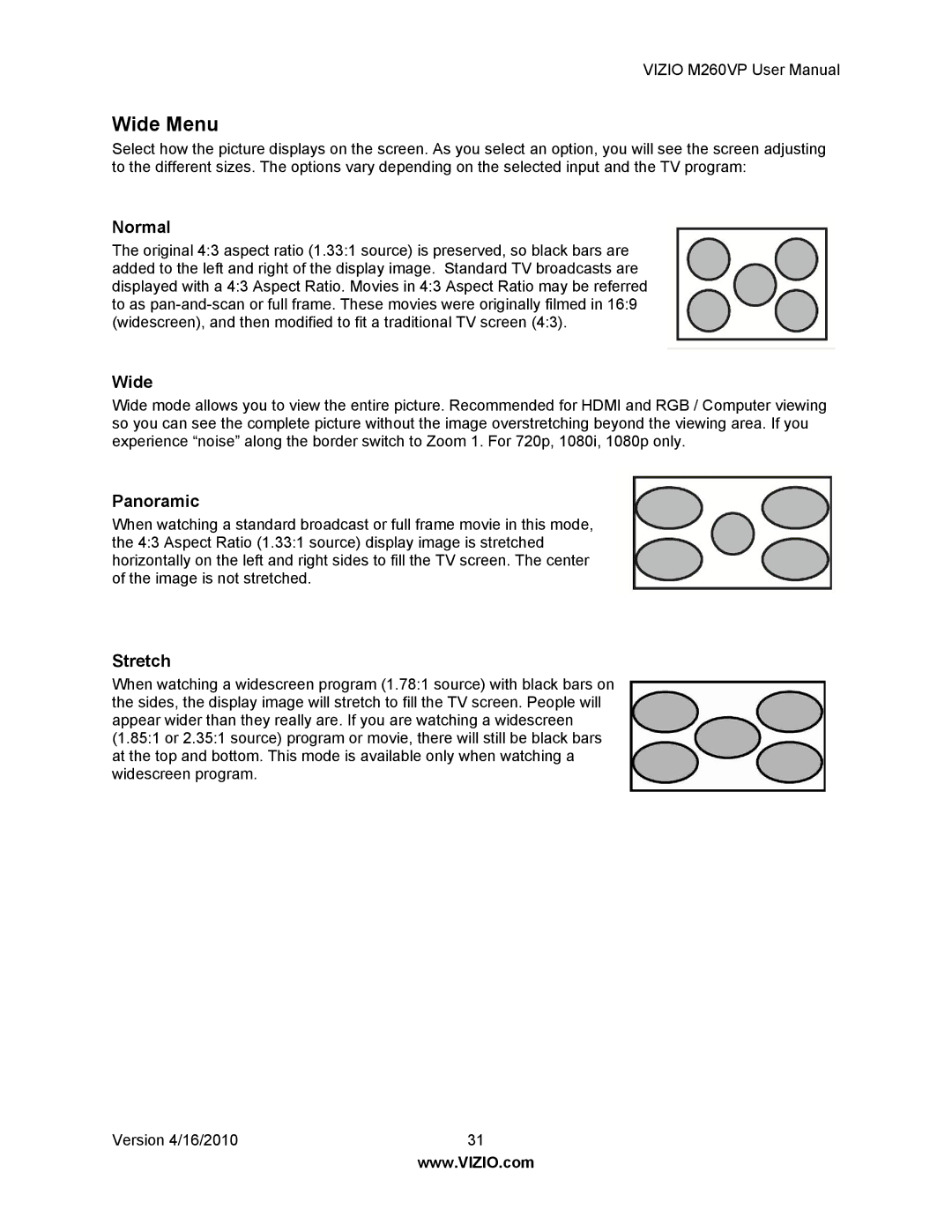 Vizio M260VP user manual Wide Menu, Normal, Panoramic, Stretch 