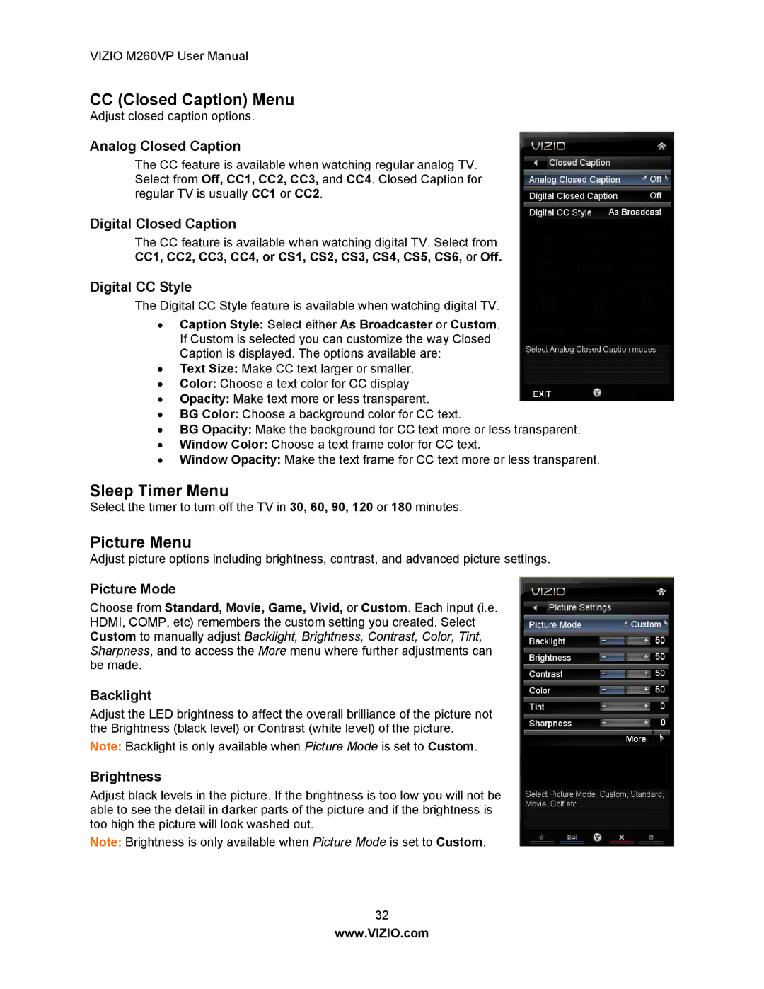 Vizio M260VP user manual CC Closed Caption Menu, Sleep Timer Menu, Picture Menu 