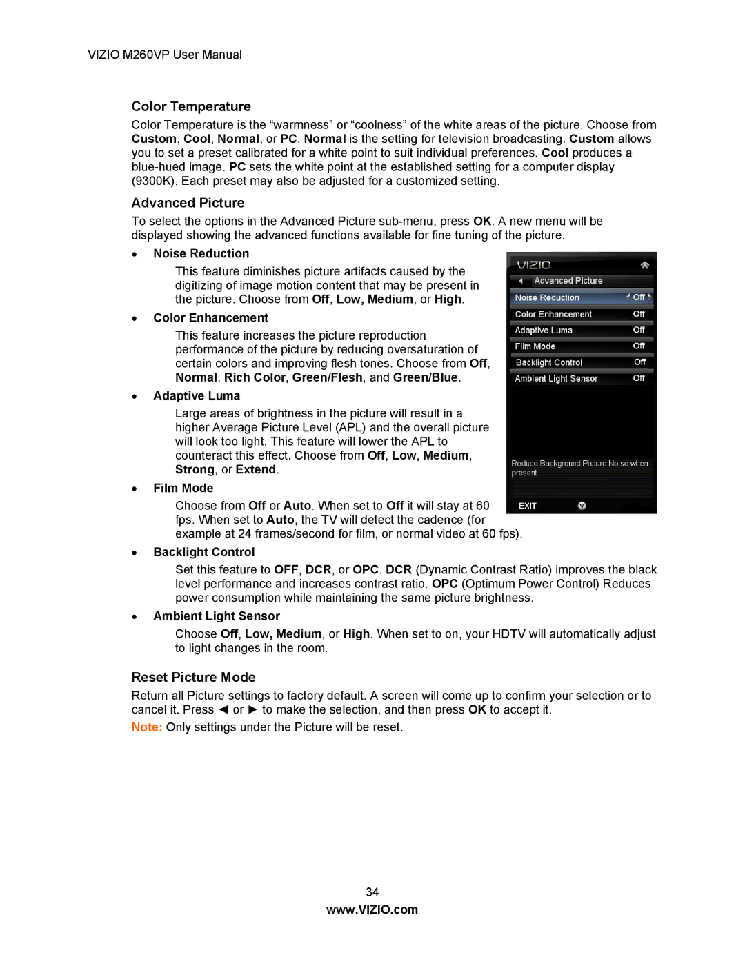 Vizio M260VP user manual Color Temperature, Advanced Picture, Reset Picture Mode 