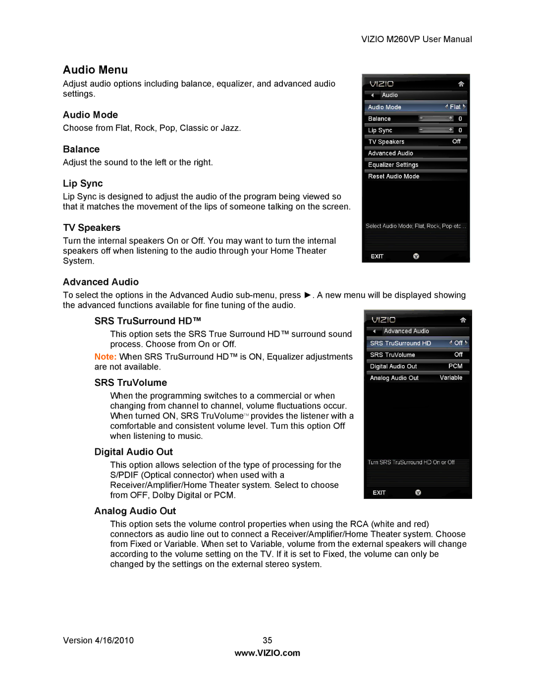 Vizio M260VP user manual Audio Menu 