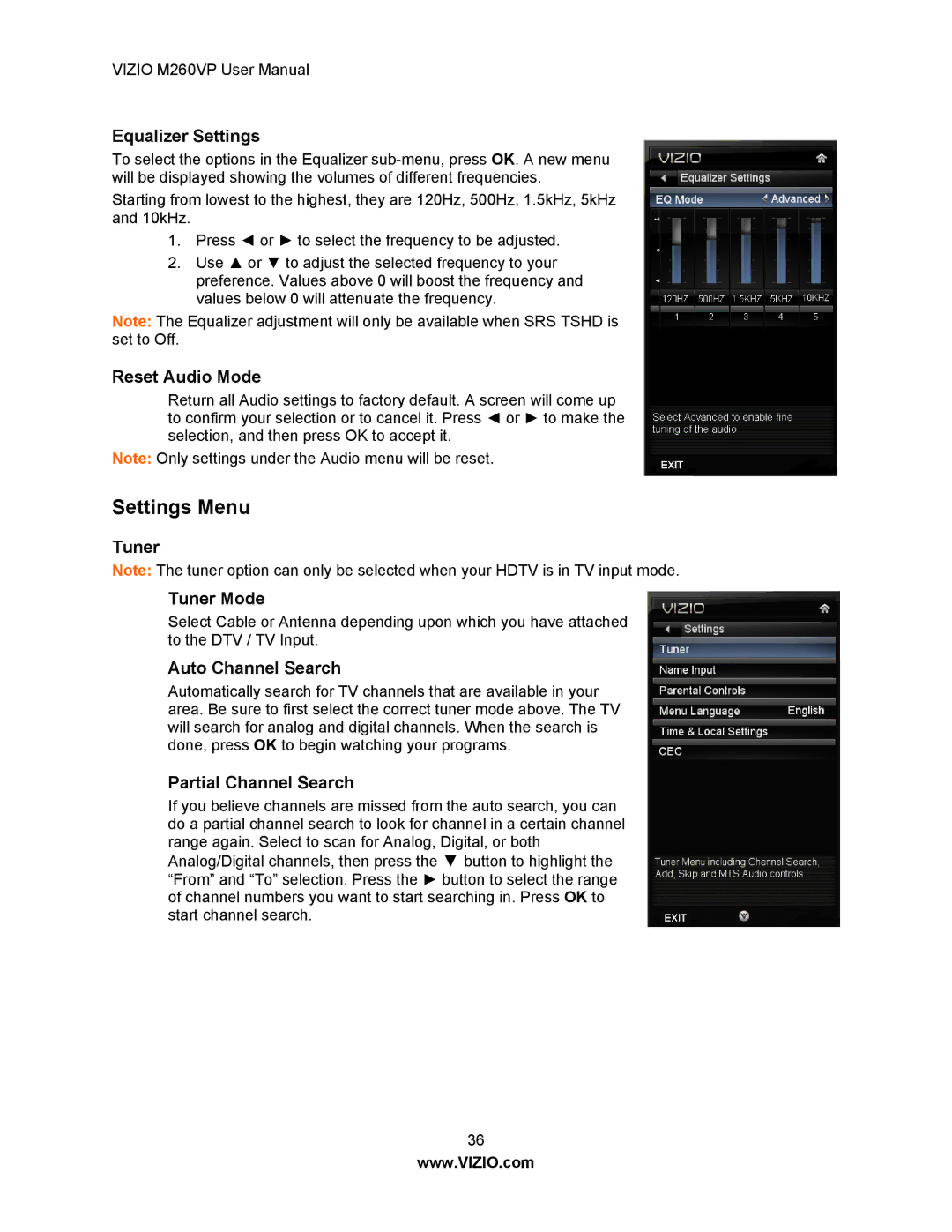 Vizio M260VP user manual Settings Menu 