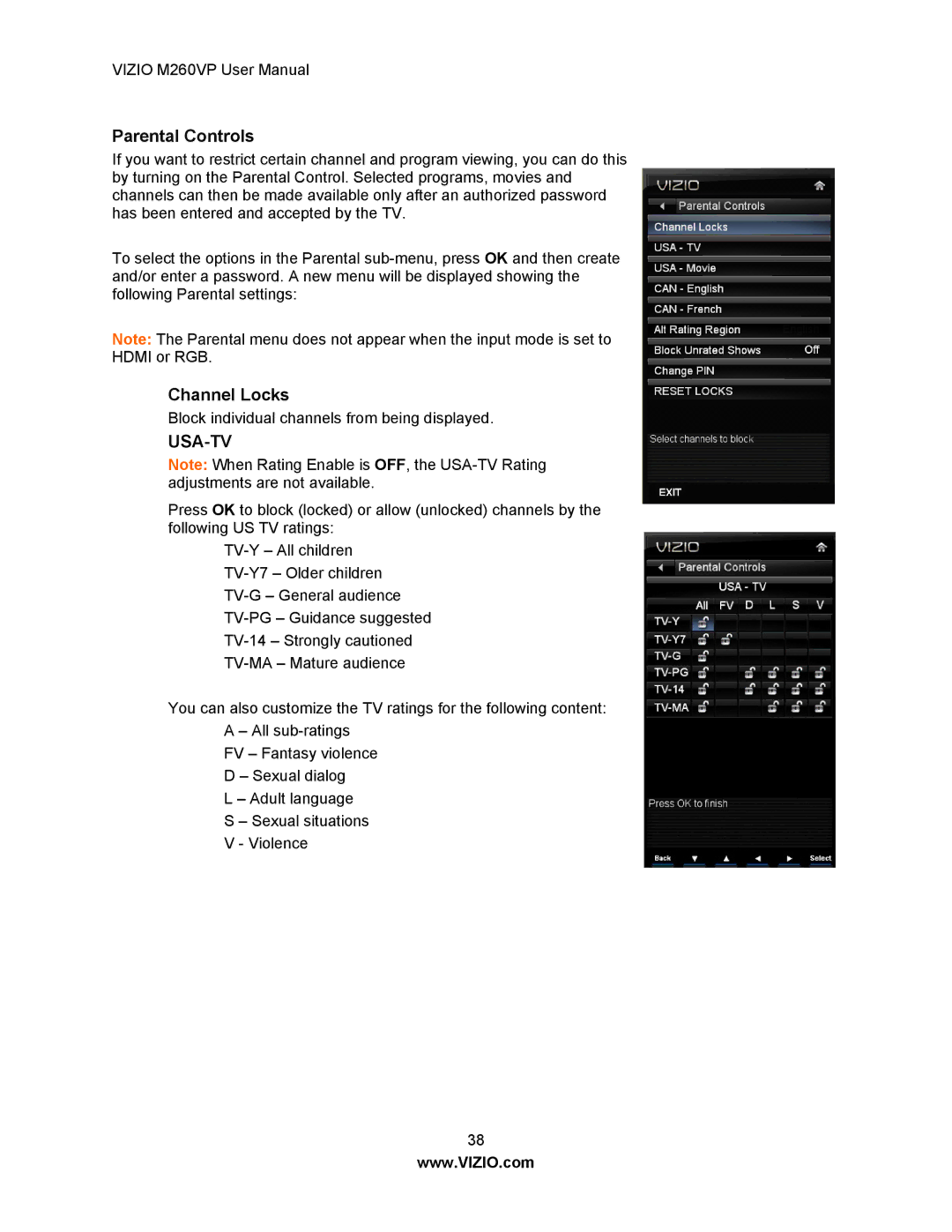 Vizio M260VP user manual Parental Controls, Channel Locks 