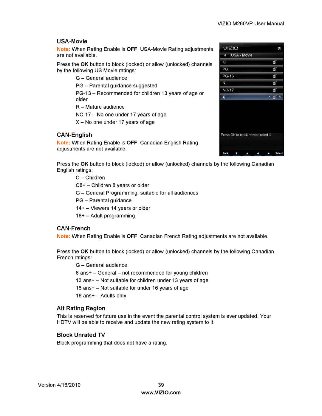 Vizio M260VP user manual USA-Movie, CAN-English, CAN-French, Alt Rating Region, Block Unrated TV 