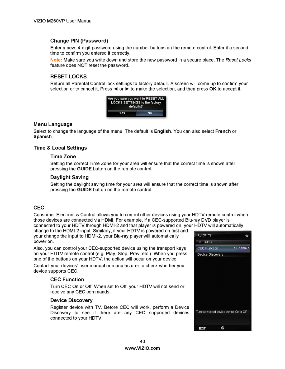 Vizio M260VP user manual Change PIN Password, Menu Language, Time & Local Settings Time Zone, Daylight Saving, CEC Function 