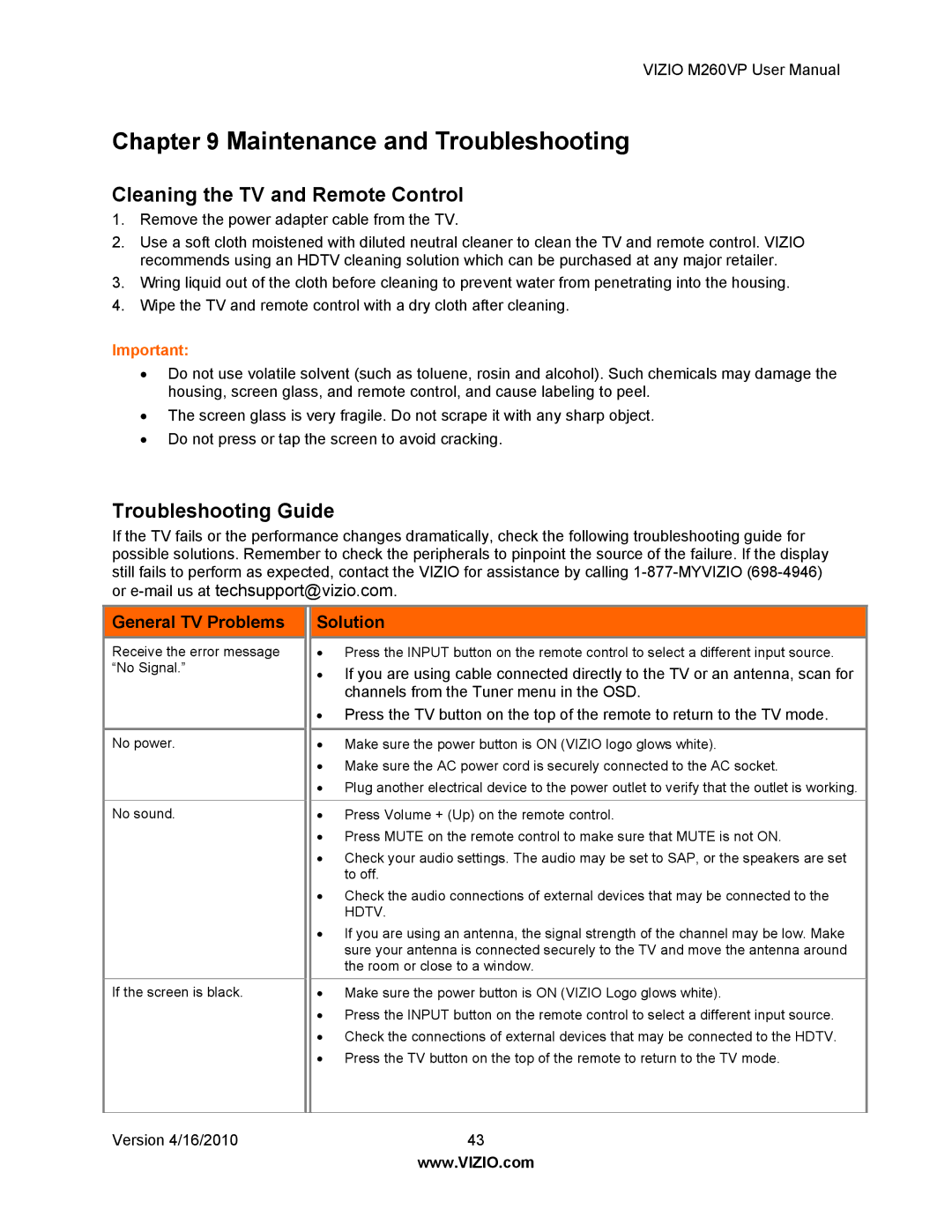 Vizio M260VP user manual Cleaning the TV and Remote Control, Troubleshooting Guide, General TV Problems, Solution 