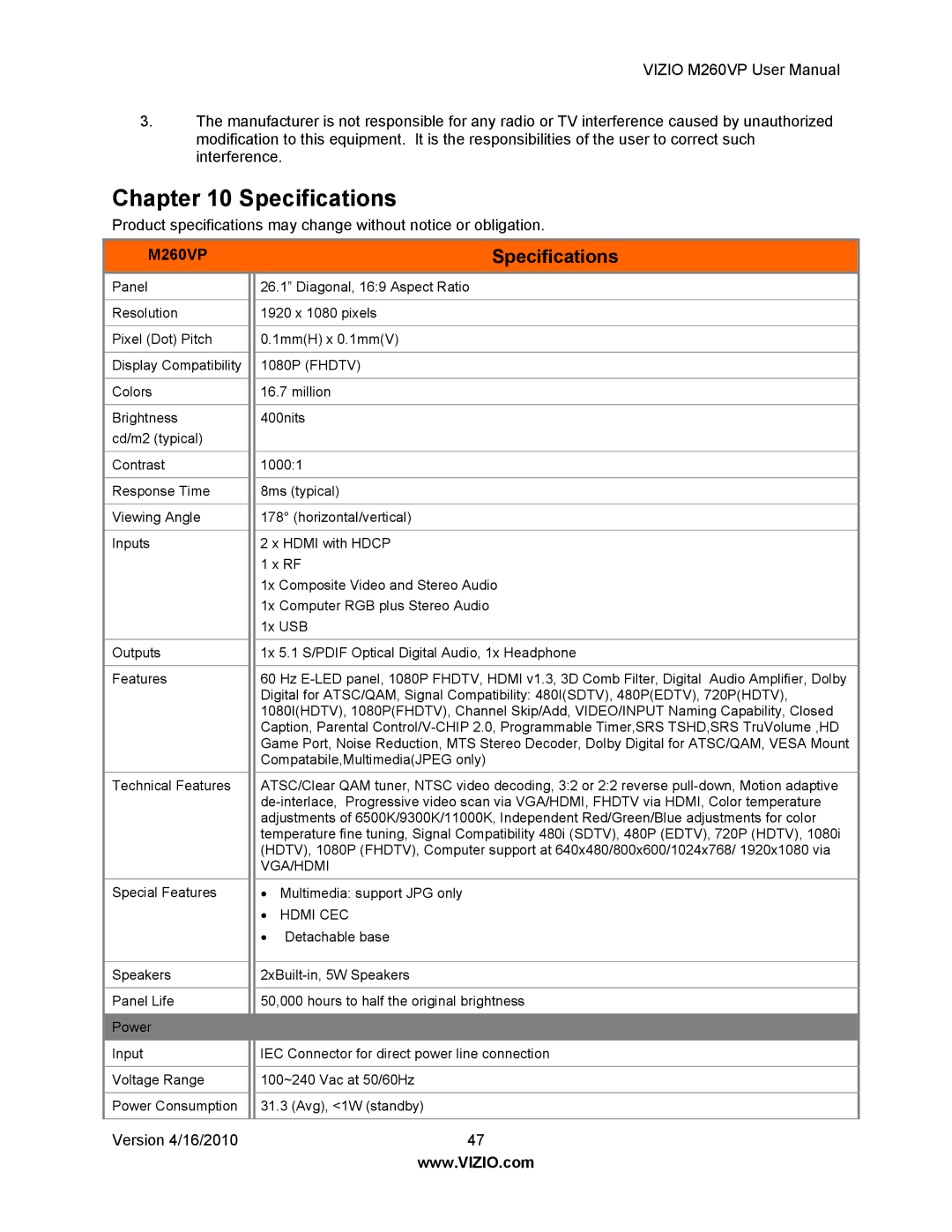 Vizio M260VP user manual Specifications 