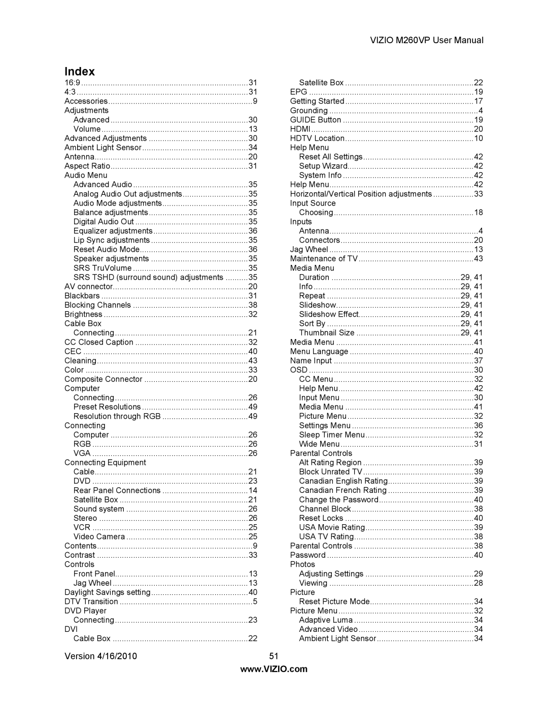 Vizio M260VP user manual Index, Cec 