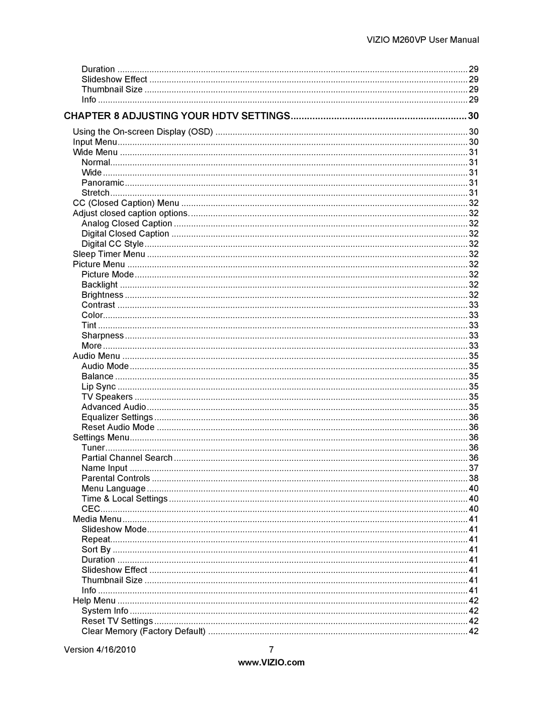 Vizio M260VP user manual Adjusting Your Hdtv Settings 