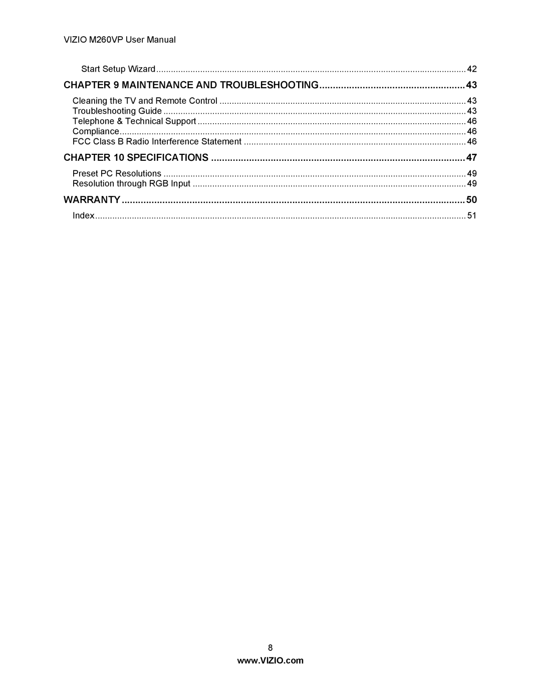 Vizio M260VP user manual Specifications 