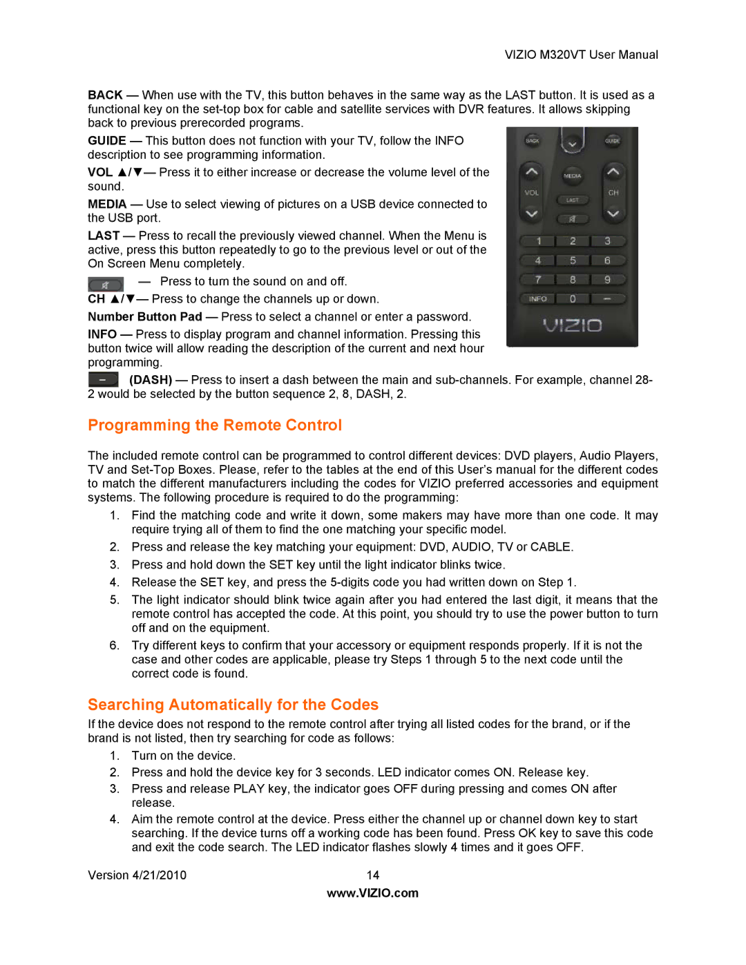 Vizio M320VT manual Programming the Remote Control, Searching Automatically for the Codes 