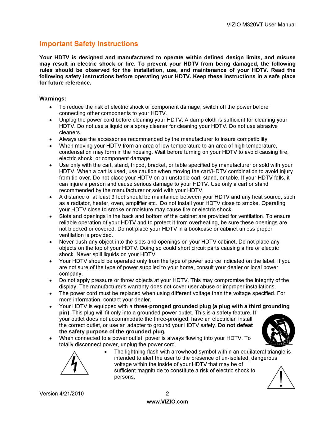 Vizio M320VT manual Important Safety Instructions 