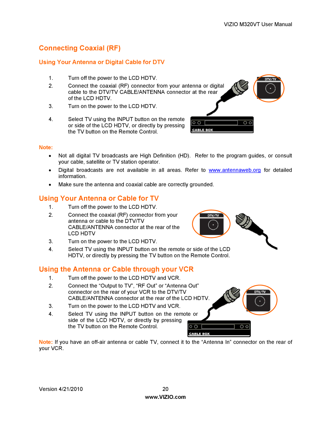 Vizio M320VT manual Connecting Coaxial RF, Using Your Antenna or Cable for TV, Using the Antenna or Cable through your VCR 