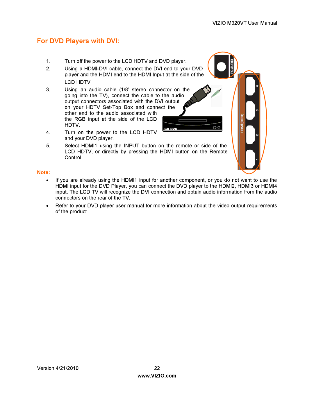 Vizio M320VT manual For DVD Players with DVI 