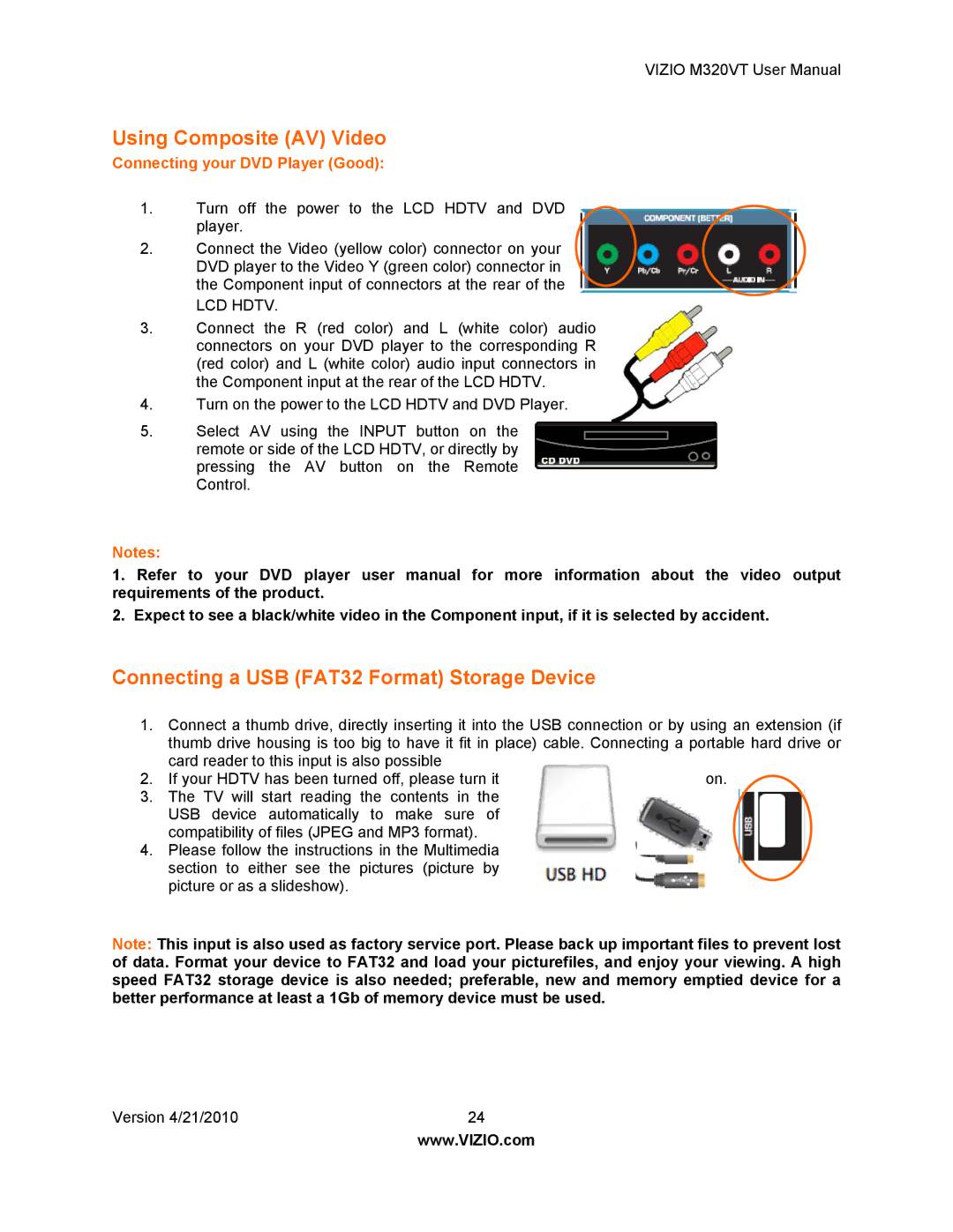 Vizio M320VT manual Using Composite AV Video, Connecting a USB FAT32 Format Storage Device 