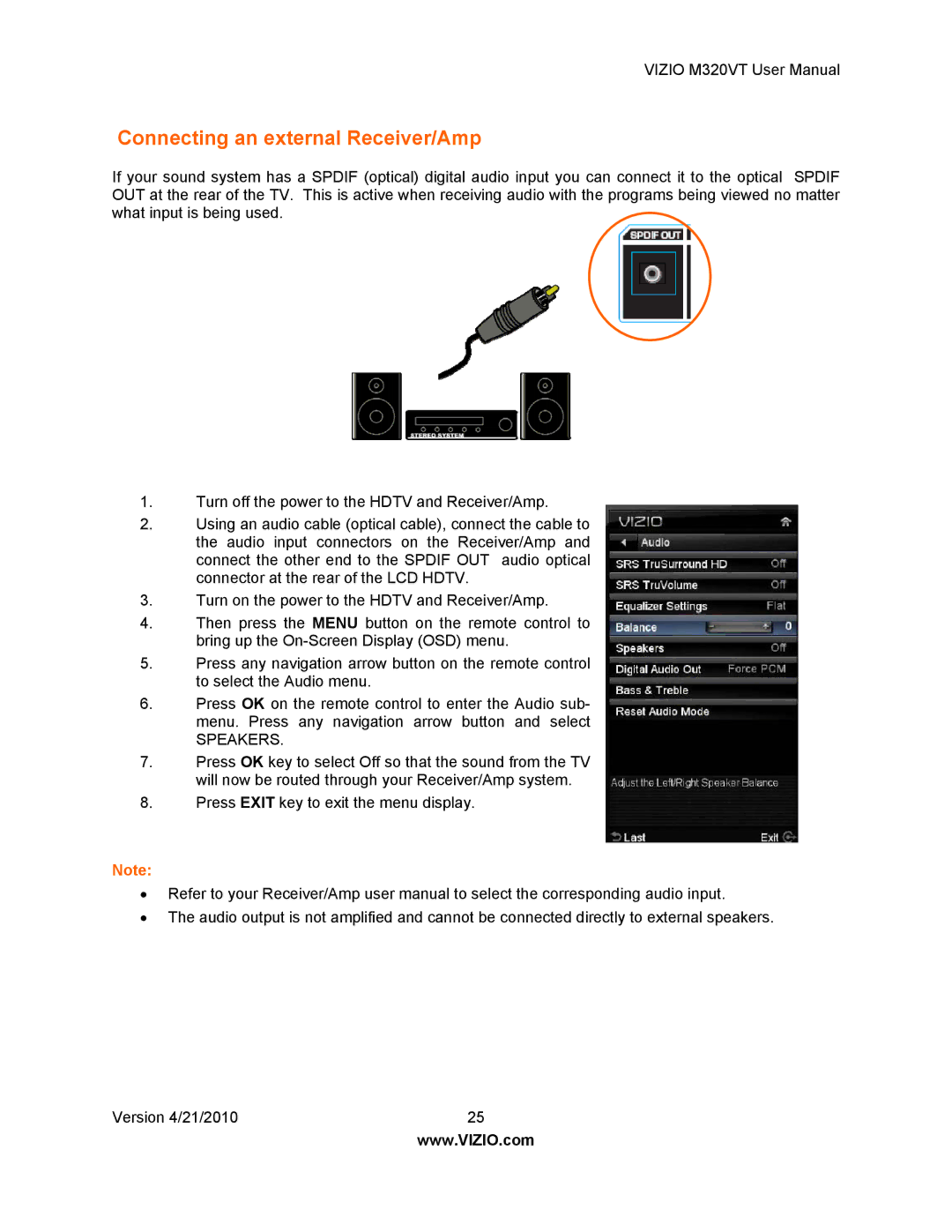 Vizio M320VT manual Connecting an external Receiver/Amp, Speakers 