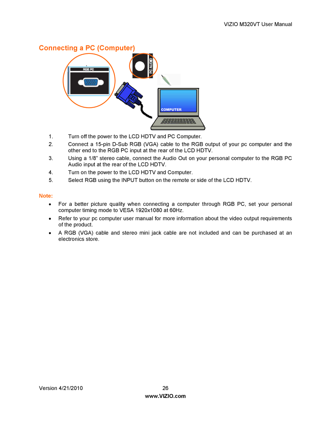 Vizio M320VT manual Connecting a PC Computer 