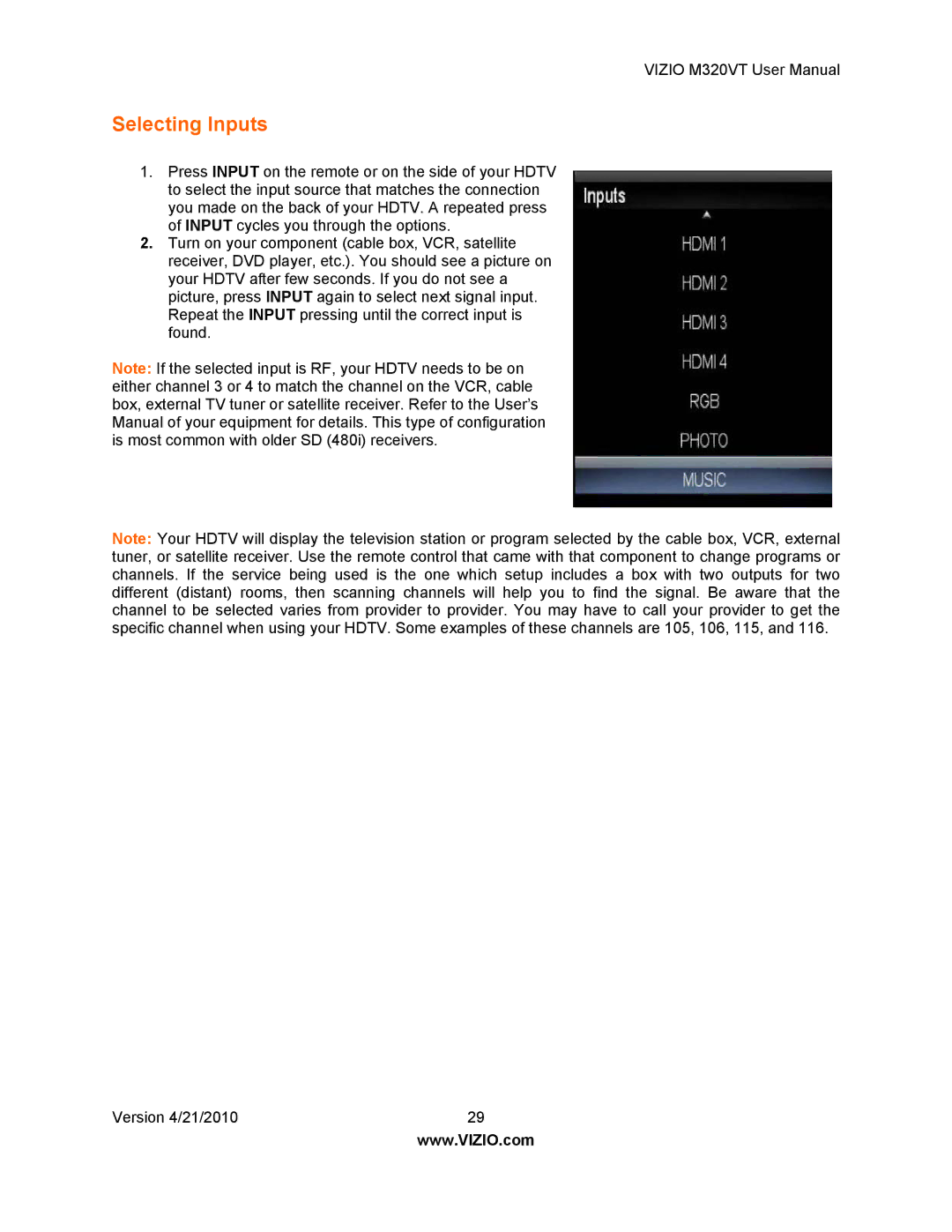 Vizio M320VT manual Selecting Inputs 