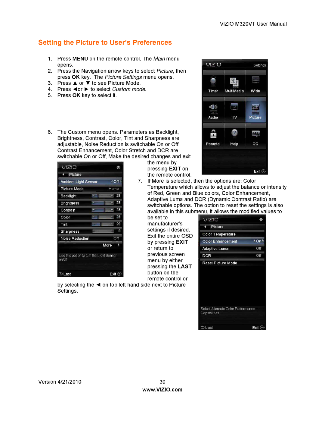 Vizio M320VT manual Setting the Picture to User’s Preferences 