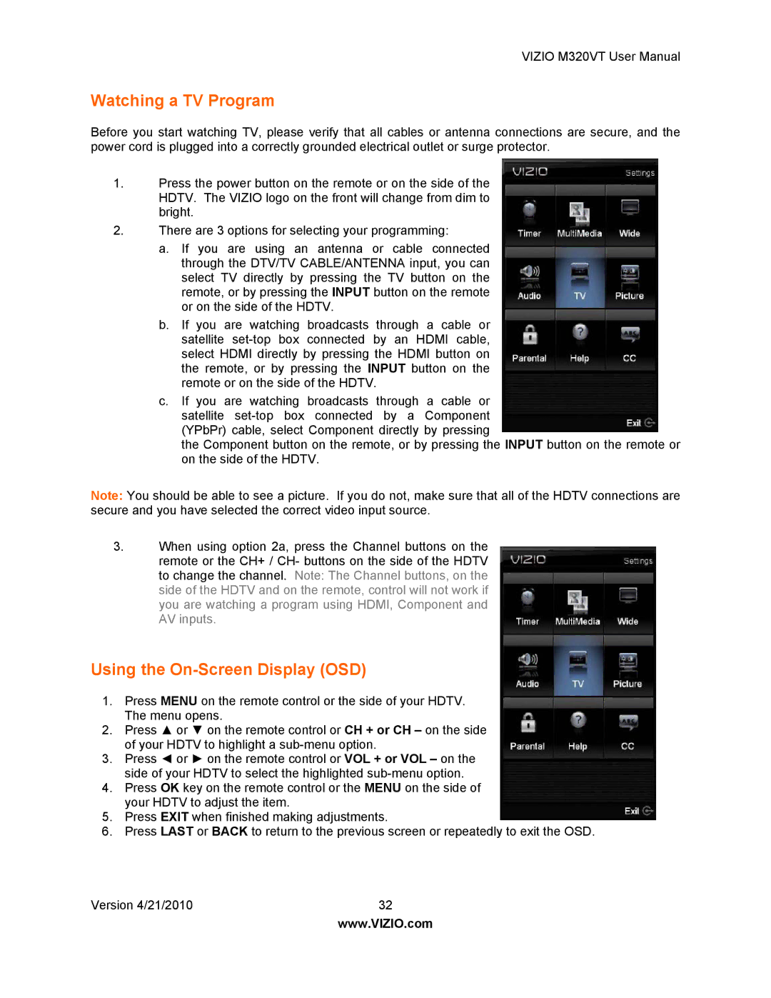 Vizio M320VT manual Watching a TV Program, Using the On-Screen Display OSD 