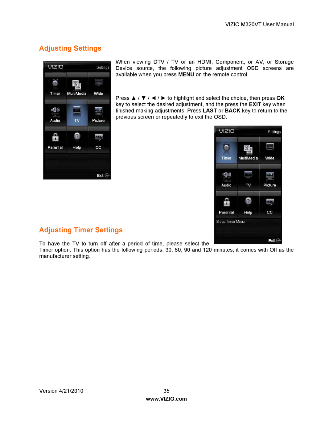 Vizio M320VT manual Adjusting Settings, Adjusting Timer Settings 