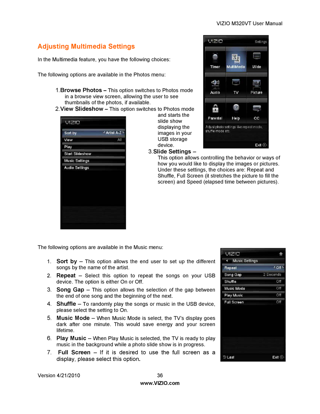 Vizio M320VT manual Adjusting Multimedia Settings 