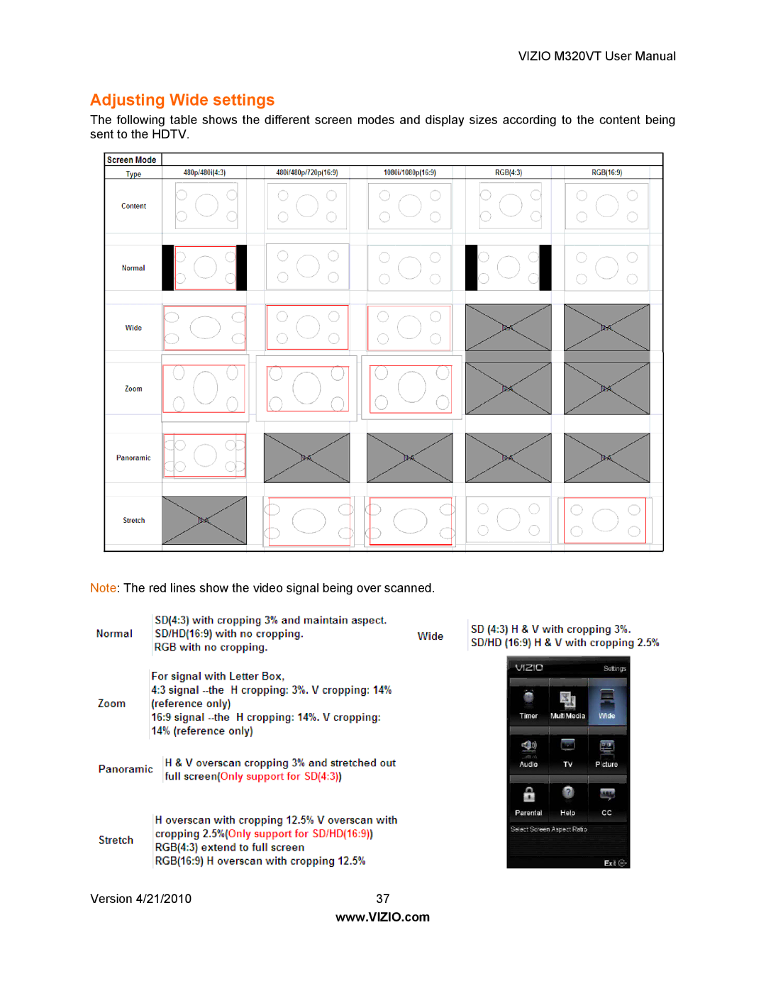 Vizio M320VT manual Adjusting Wide settings 