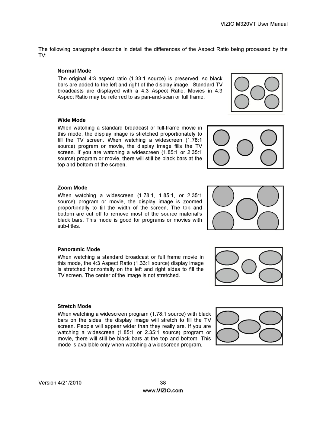 Vizio M320VT manual Normal Mode, Wide Mode, Zoom Mode, Panoramic Mode, Stretch Mode 